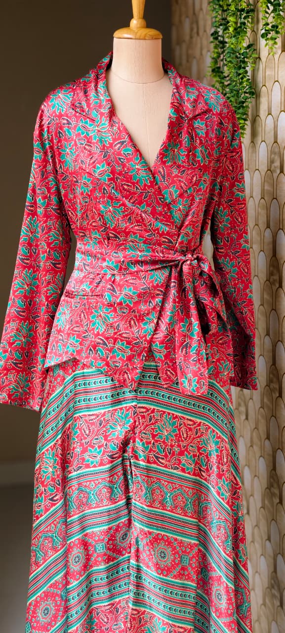 Tiny Floral Block Prints Kimono Style Shiny Modal Satin Indo Wear Top With Flared Bottom- 14947
