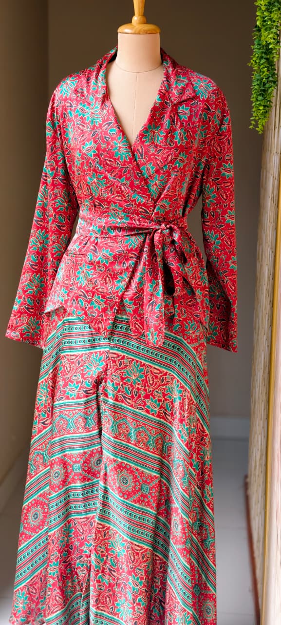 Tiny Floral Block Prints Kimono Style Shiny Modal Satin Indo Wear Top With Flared Bottom- 14947