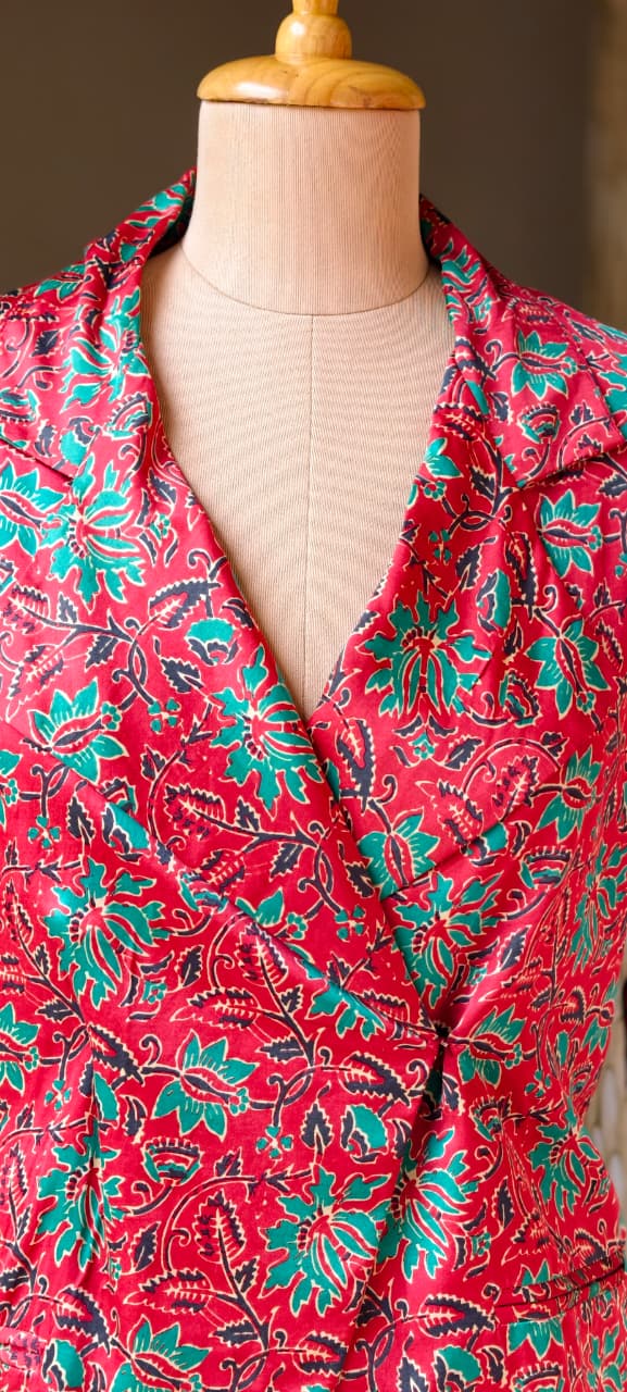 Tiny Floral Block Prints Kimono Style Shiny Modal Satin Indo Wear Top With Flared Bottom- 14947