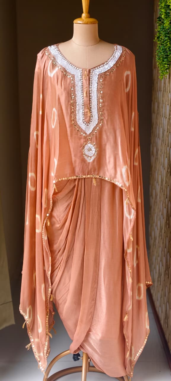Shibori Print Embellished Kaftan Style Cape Top and Draped Dhoti Skirt Fusion Modal Satin Indo Wear- 15014