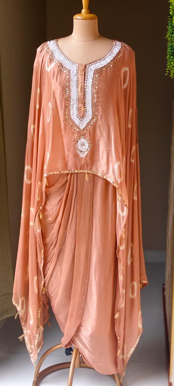 Shibori Print Embellished Kaftan Style Cape Top and Draped Dhoti Skirt Fusion Modal Satin Indo Wear- 15014