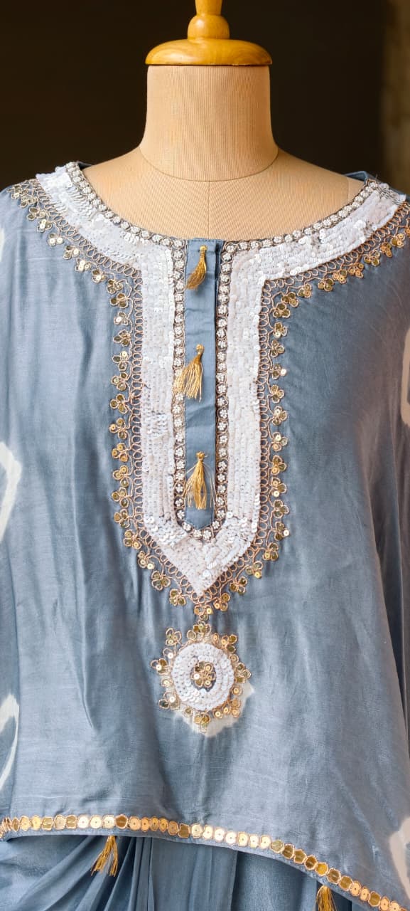 Shibori Print Embellished Kaftan Style Cape Top and Draped Dhoti Skirt Fusion Modal Satin Indo Wear- 15014