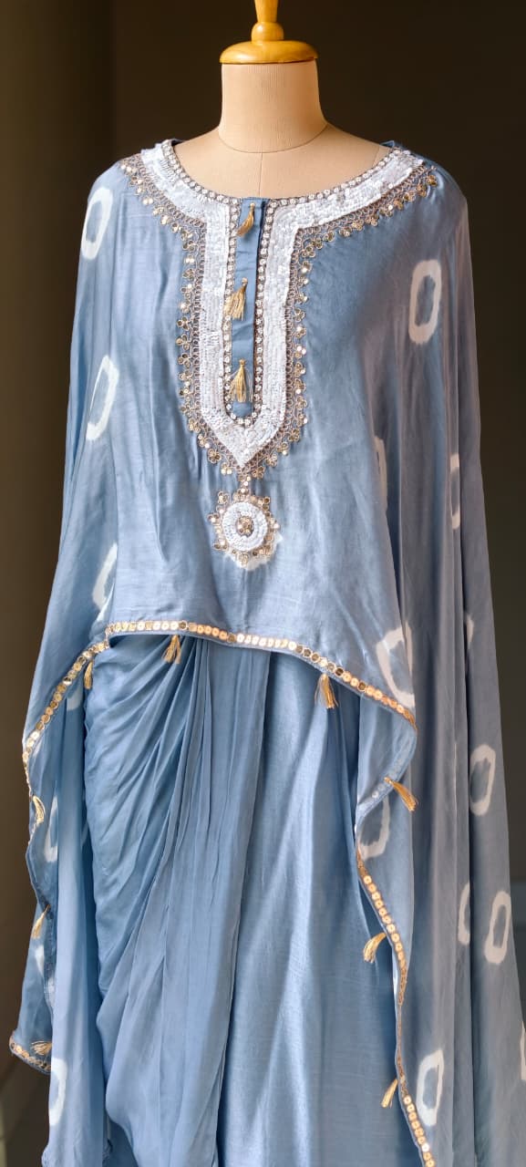 Shibori Print Embellished Kaftan Style Cape Top and Draped Dhoti Skirt Fusion Modal Satin Indo Wear- 15014