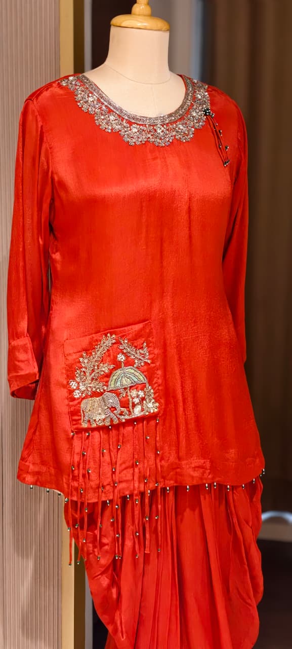 Blunt Orange Jaipuri Sequin Detailing Over Neck & Tasseled Pocket Chinon Indo-Wear- 15012