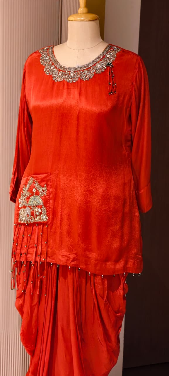 Blunt Orange Jaipuri Sequin Detailing Over Neck & Tasseled Pocket Chinon Indo-Wear- 15012