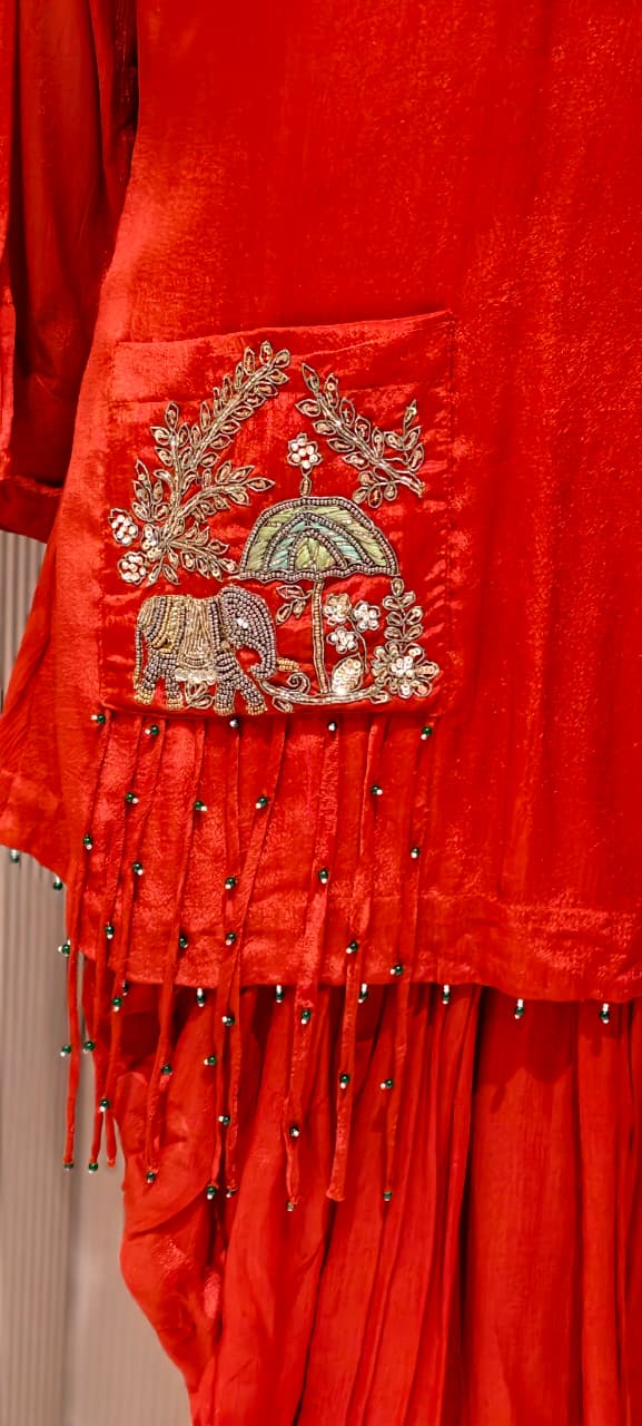 Blunt Orange Jaipuri Sequin Detailing Over Neck & Tasseled Pocket Chinon Indo-Wear- 15012
