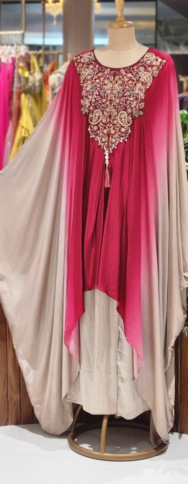 Grand Embroidered Multiple Stunning Ombre Kaftan Style Cape Kurta and Palazzo Fusion Modal Satin Indo Wear- 14953