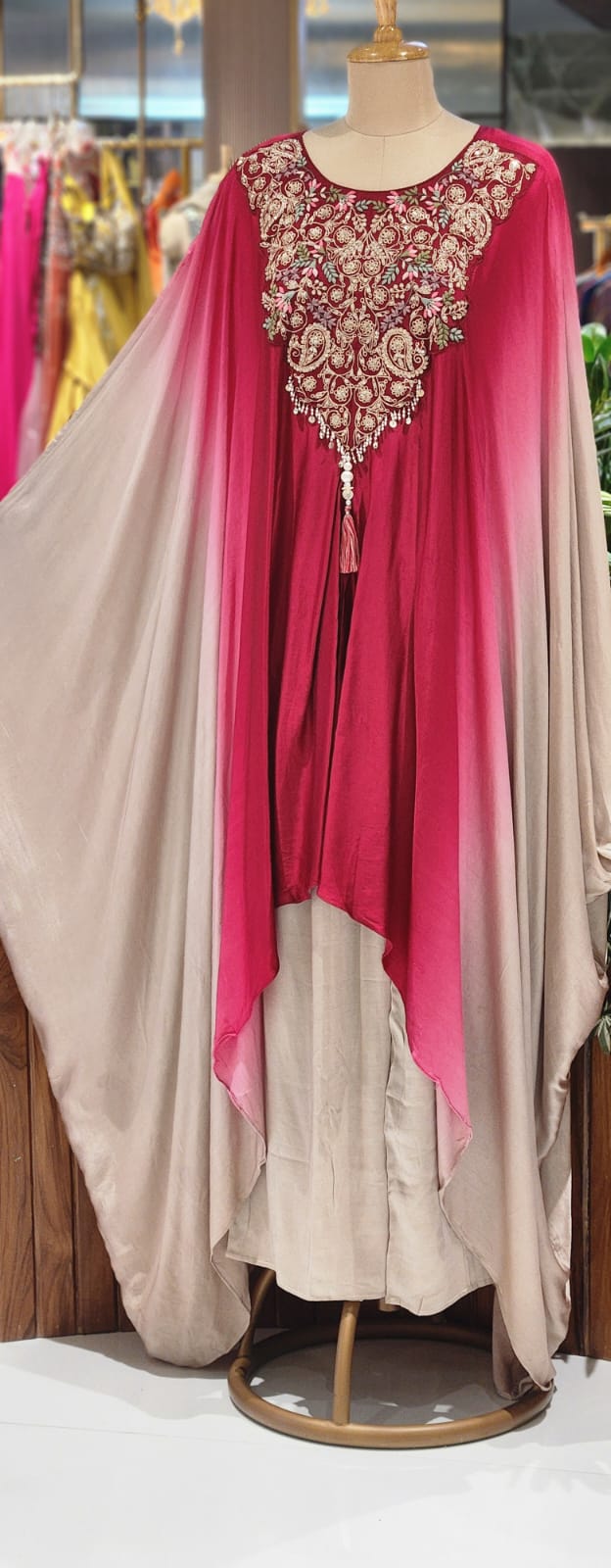 Grand Embroidered Multiple Stunning Ombre Kaftan Style Cape Kurta and Palazzo Fusion Modal Satin Indo Wear- 14953