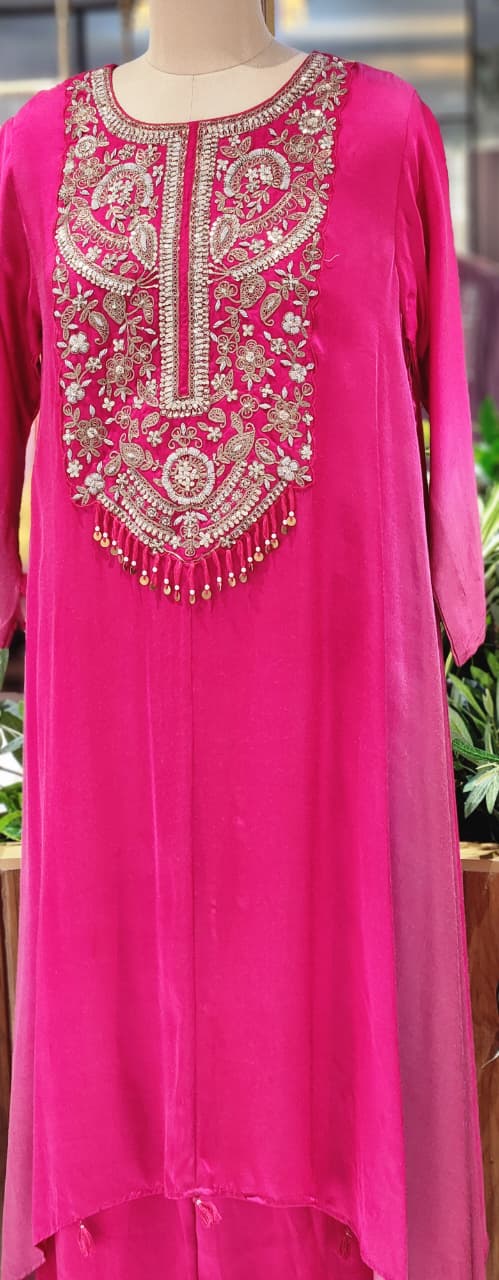 Magenta Pink Hand Embroidered Yoke High-Low Kurta With Wide-Leg Palazzo Set In Modal Satin Fabric- 14958