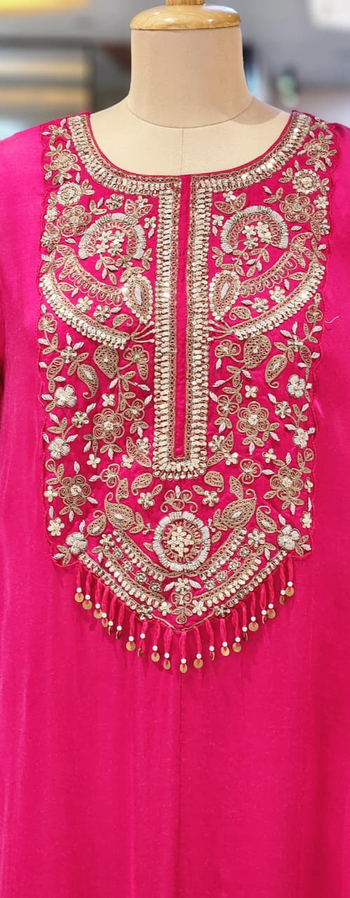 Magenta Pink Hand Embroidered Yoke High-Low Kurta With Wide-Leg Palazzo Set In Modal Satin Fabric- 14958