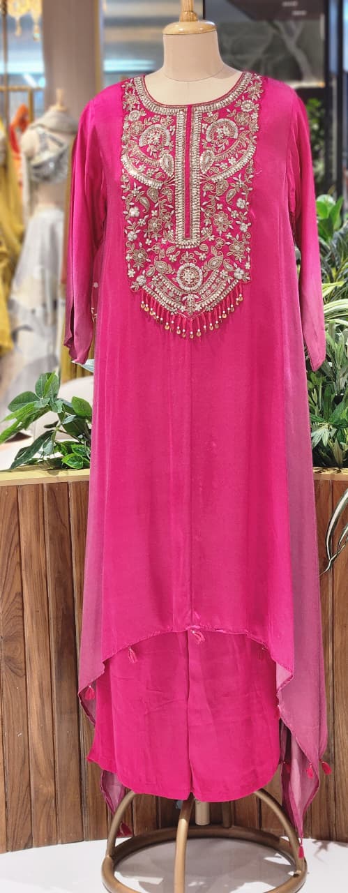 Magenta Pink Hand Embroidered Yoke High-Low Kurta With Wide-Leg Palazzo Set In Modal Satin Fabric- 14958