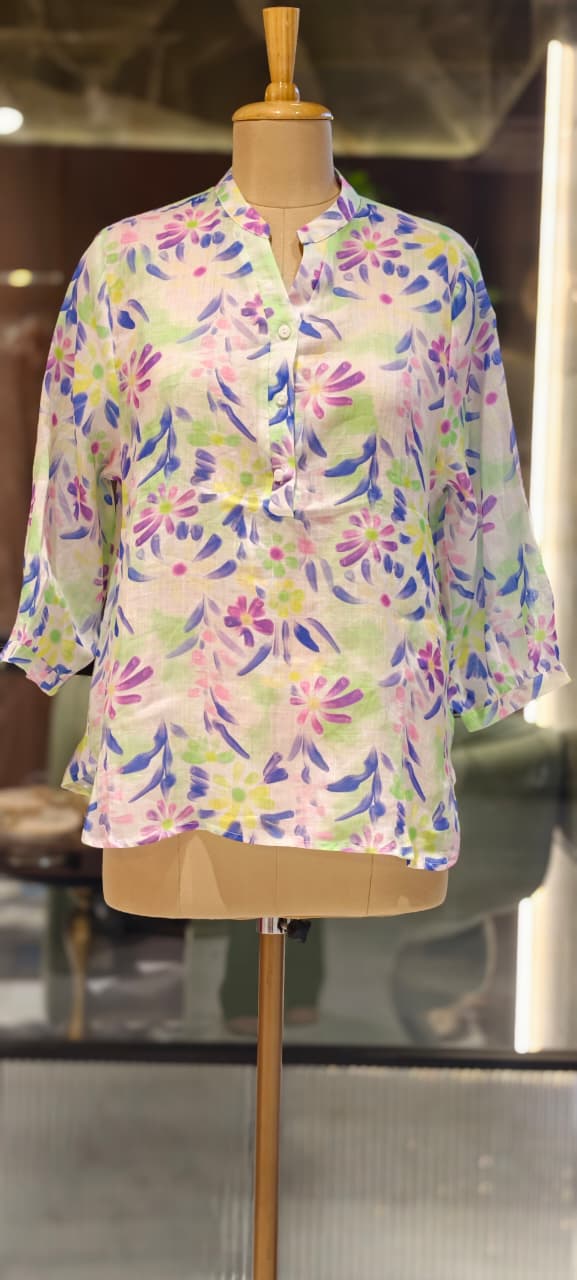 Vintage-Inspired Mixed Color Printed Pure Linen Casual Tops- 15465