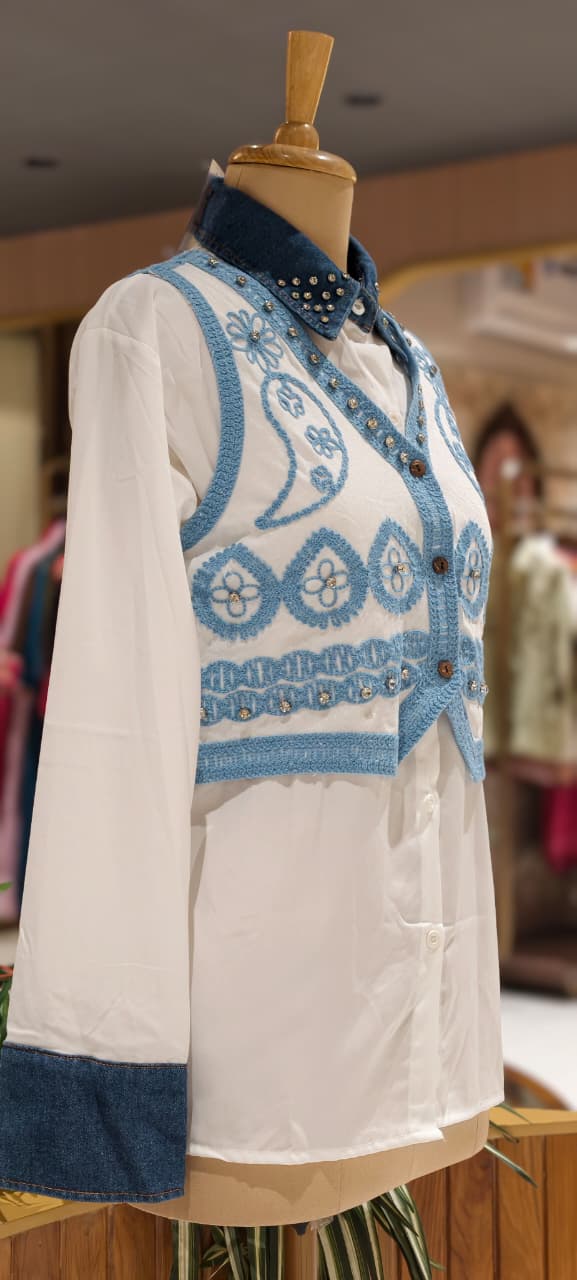 Boho-Chic Embroidered Detechable Jacket With Studded Denim Trim Shirt Combo- 15438