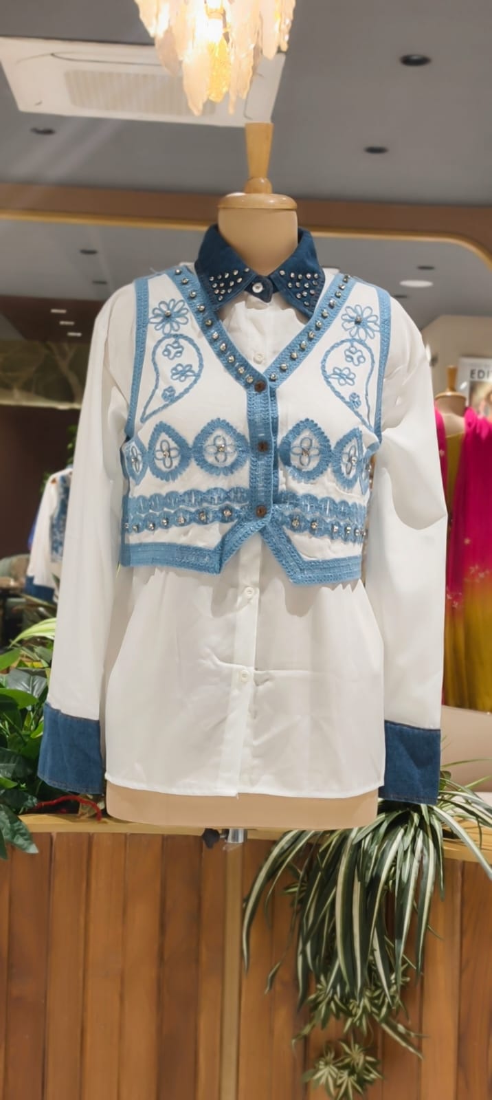 Boho-Chic Embroidered Detechable Jacket With Studded Denim Trim Shirt Combo- 15438