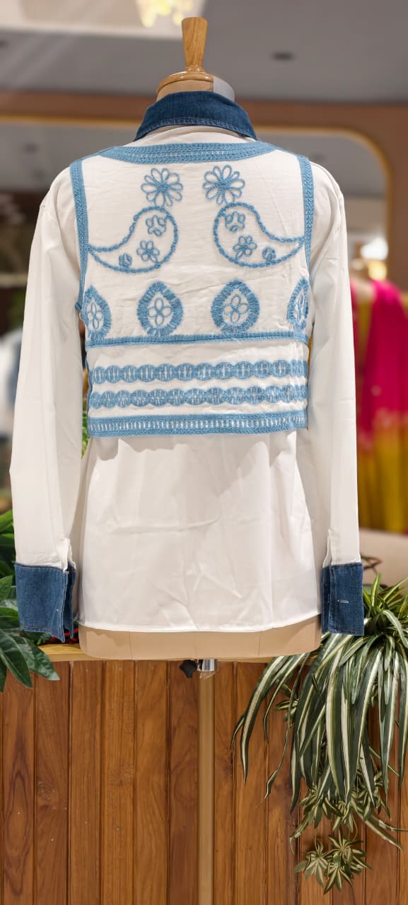 Boho-Chic Embroidered Detechable Jacket With Studded Denim Trim Shirt Combo- 15438