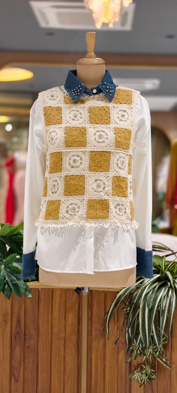 Studded Stone Solid Shirt With Checkerboard Crochet Stitch Detechable Outer- 15438