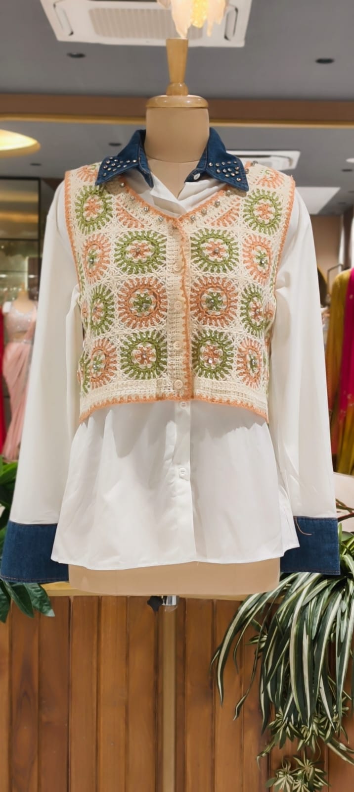 Studded Stone Denim Collar White Shirt with Cropped Granny Square Crochet Outer- 15438