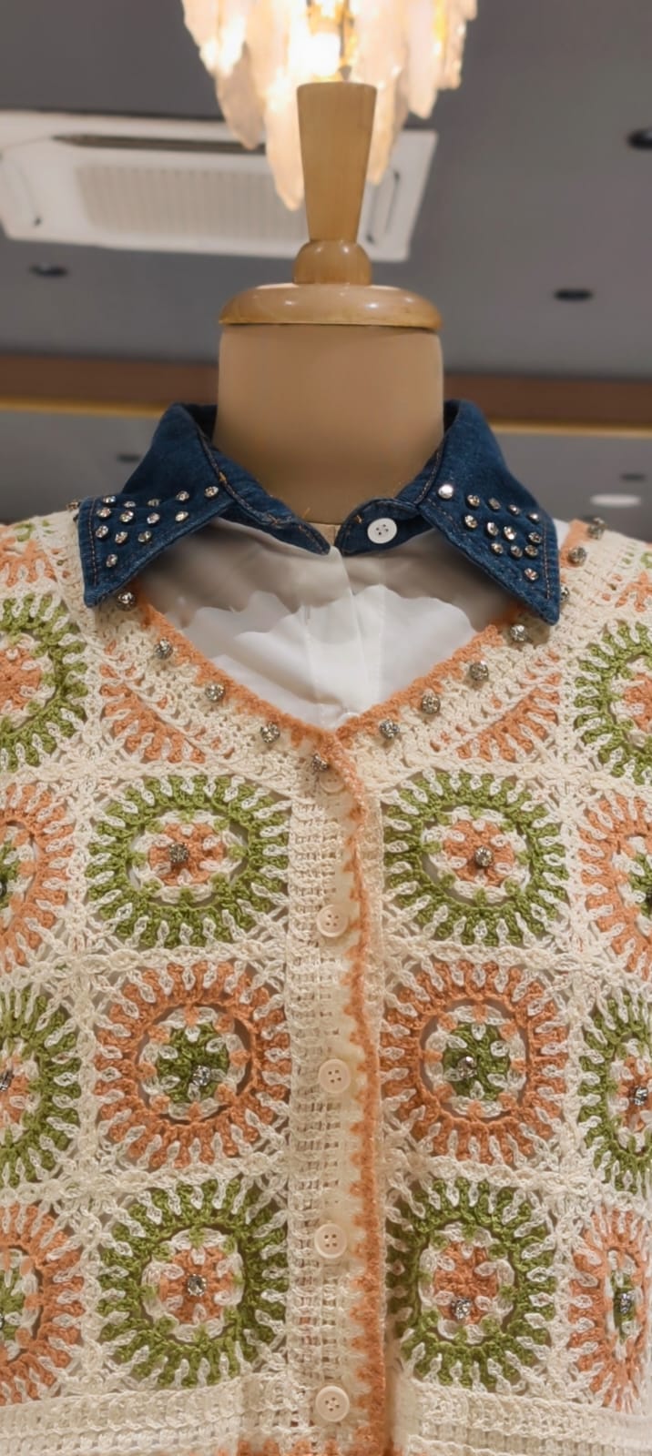 Studded Stone Denim Collar White Shirt with Cropped Granny Square Crochet Outer- 15438
