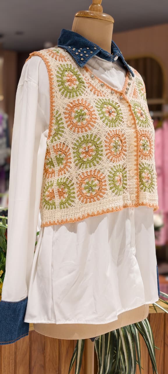 Studded Stone Denim Collar White Shirt with Cropped Granny Square Crochet Outer- 15438