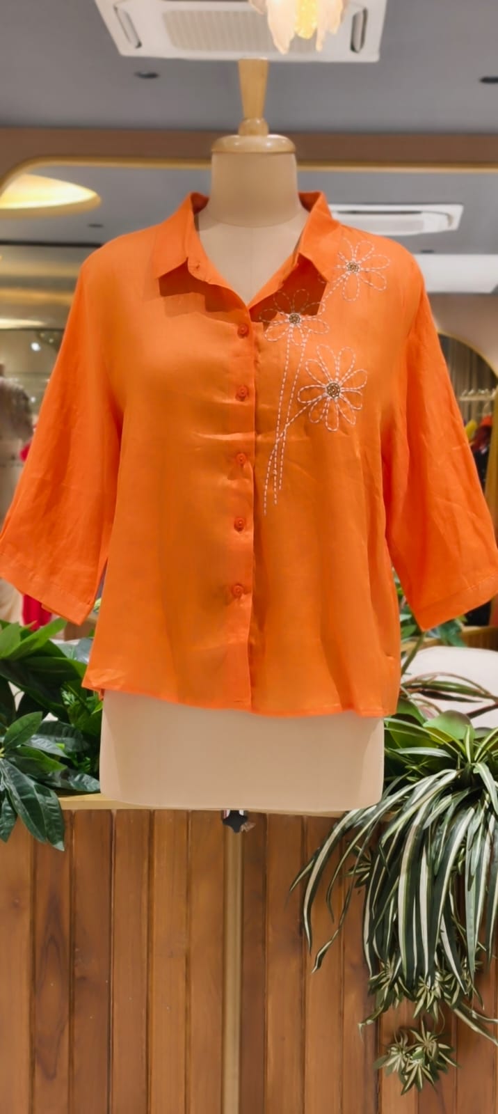 Intricate Floral Handcrafted Embroidery Solid Linen Casual Top- 15462