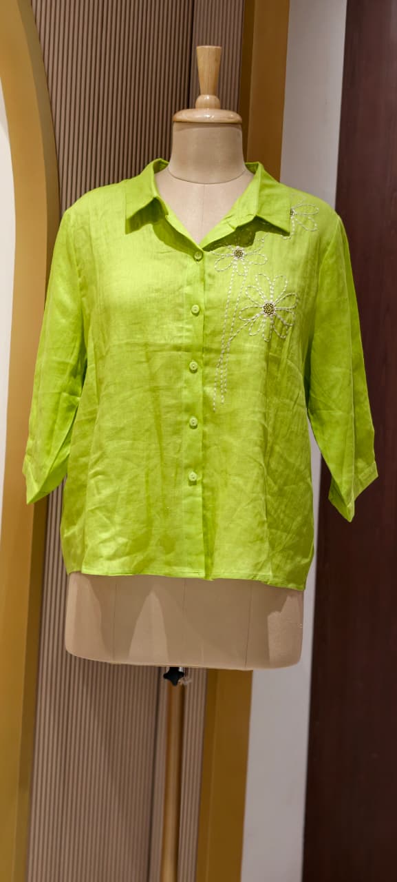 Intricate Floral Handcrafted Embroidery Solid Linen Casual Top- 15462