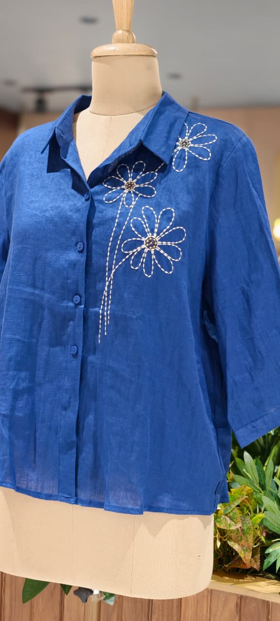 Intricate Floral Handcrafted Embroidery Solid Linen Casual Top- 15462