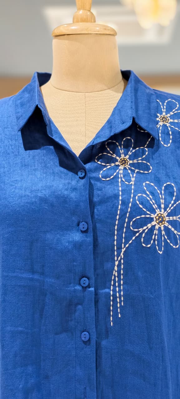 Intricate Floral Handcrafted Embroidery Solid Linen Casual Top- 15462