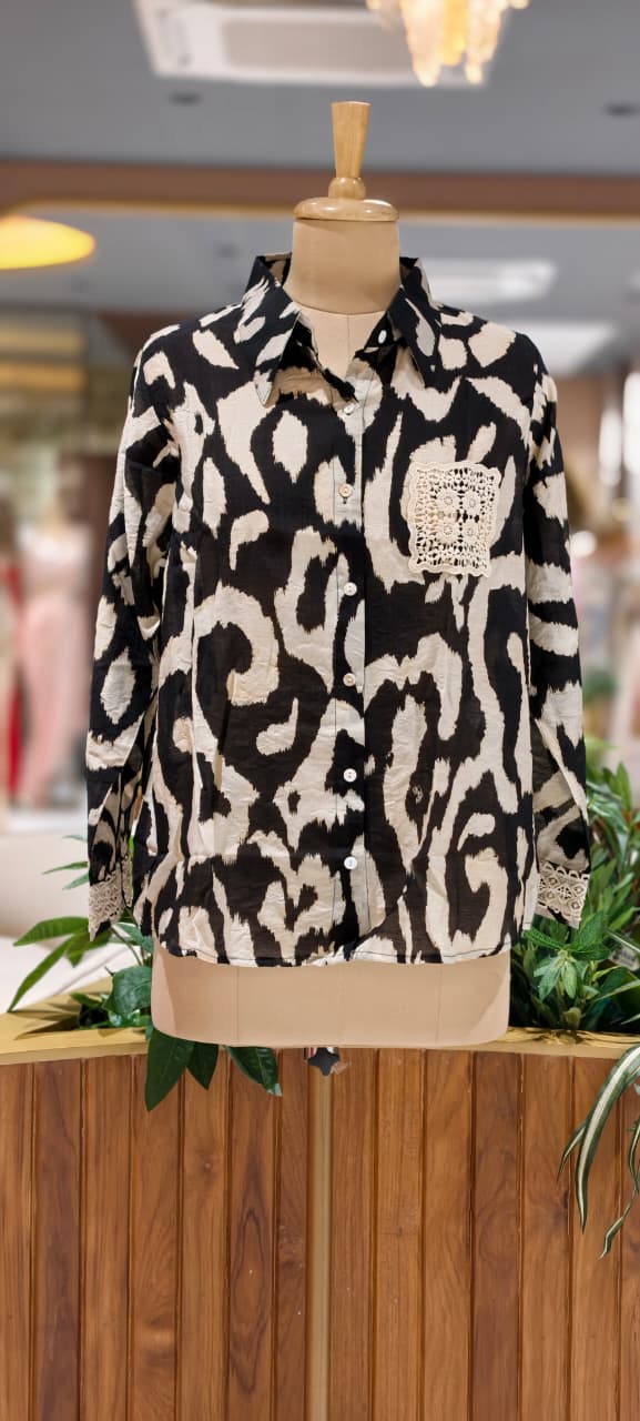 Animal Inspired Print Crochet Pocket & Cuff Embroidey Shirt- 15456