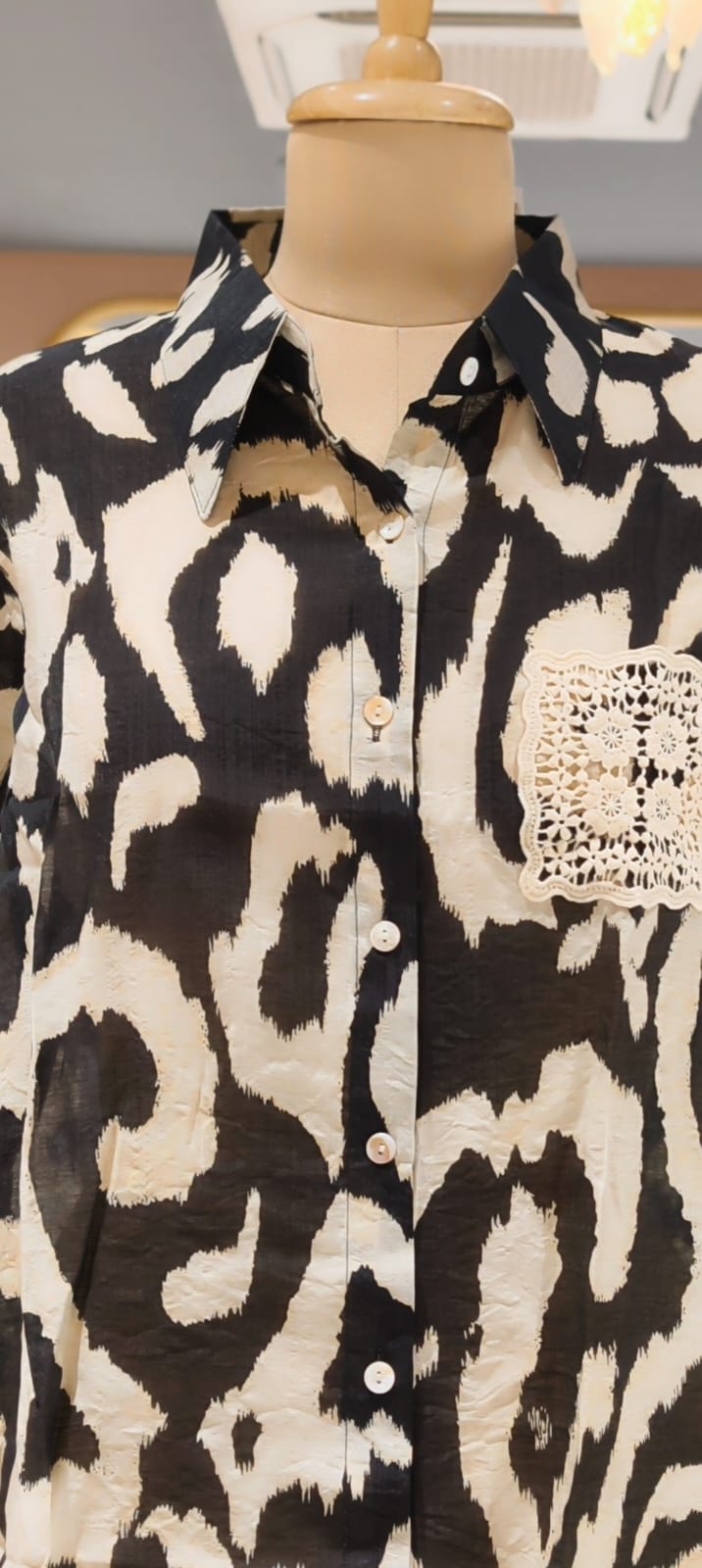 Animal Inspired Print Crochet Pocket & Cuff Embroidey Shirt- 15456