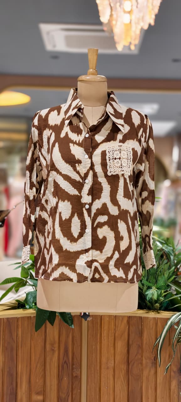 Animal Inspired Print Crochet Pocket & Cuff Embroidey Shirt- 15456