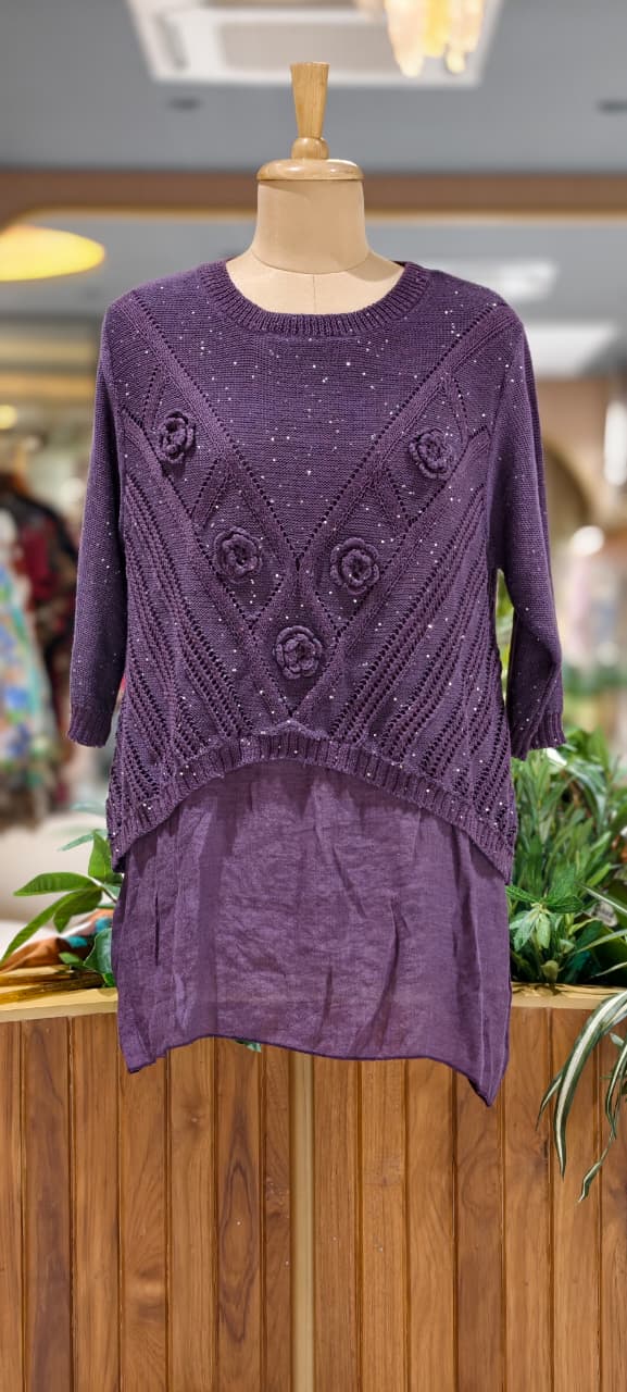 Granny Crochet Popped Floral Double Layer Glittery Western Top- 15451