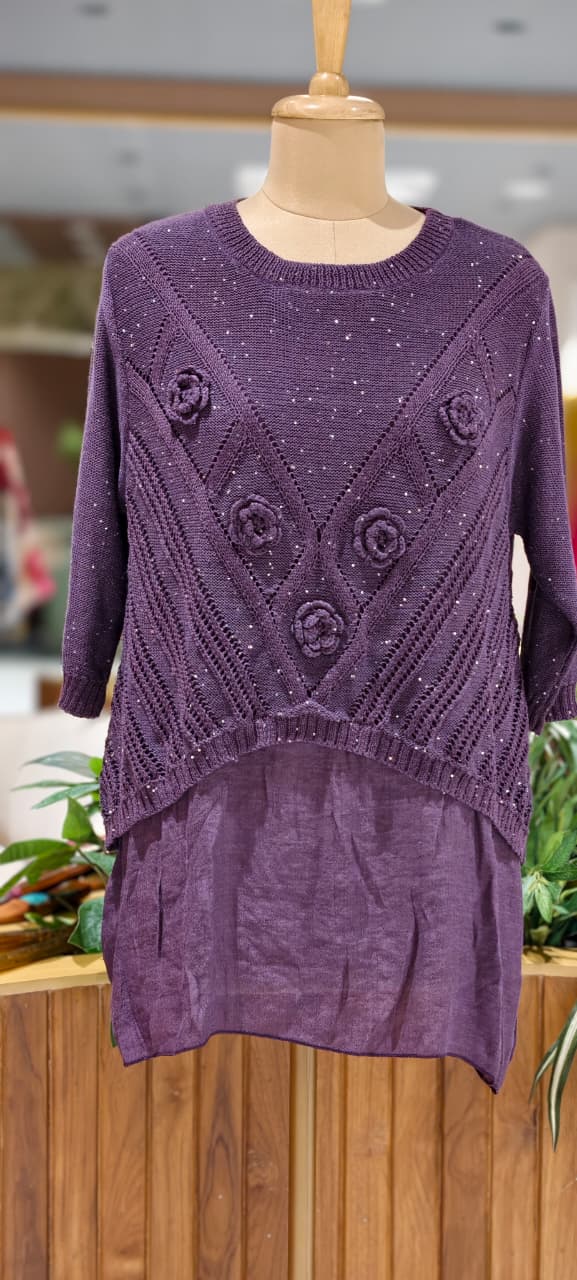 Granny Crochet Popped Floral Double Layer Glittery Western Top- 15451