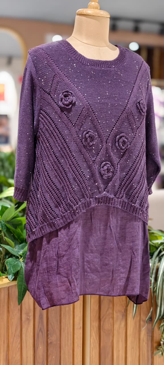 Granny Crochet Popped Floral Double Layer Glittery Western Top- 15451