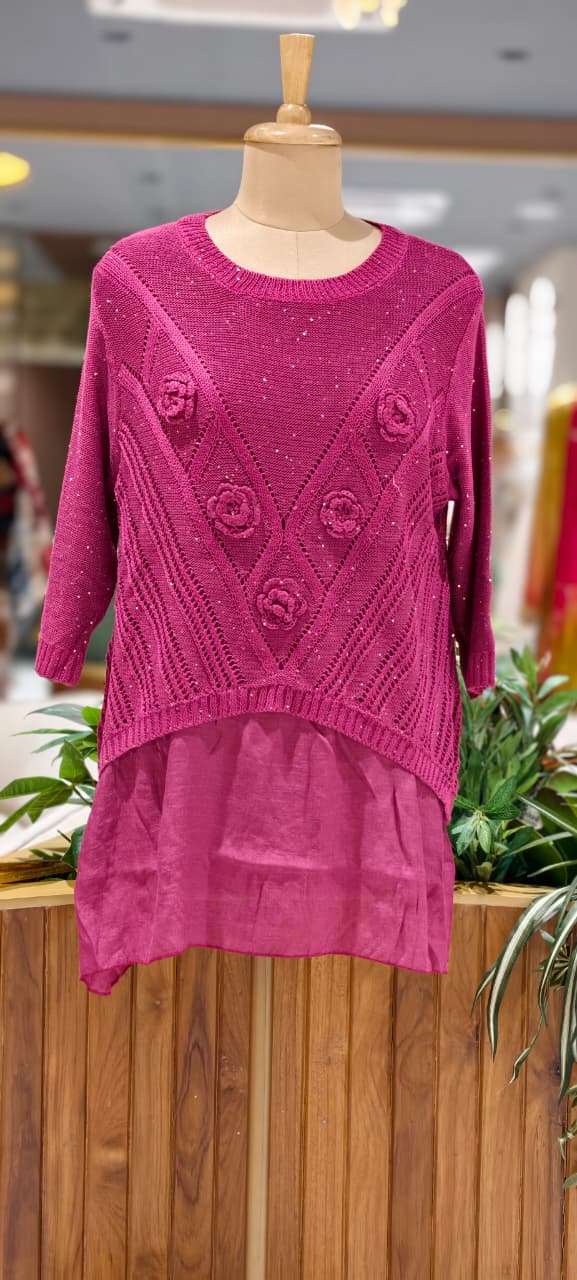 Granny Crochet Popped Floral Double Layer Glittery Western Top- 15451