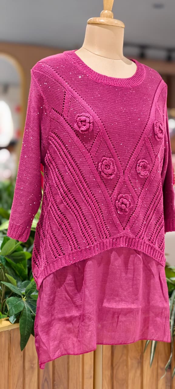 Granny Crochet Popped Floral Double Layer Glittery Western Top- 15451