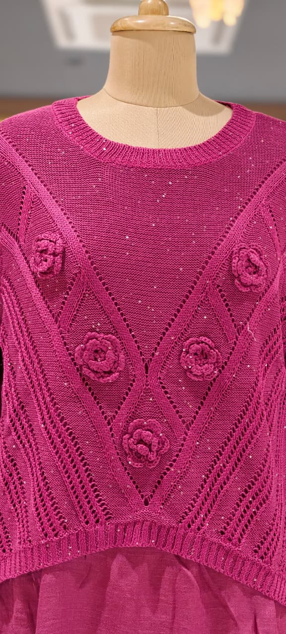 Granny Crochet Popped Floral Double Layer Glittery Western Top- 15451