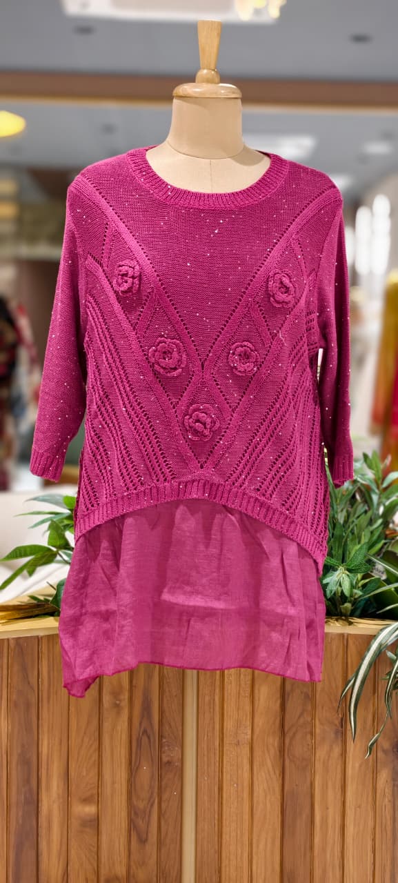 Granny Crochet Popped Floral Double Layer Glittery Western Top- 15451