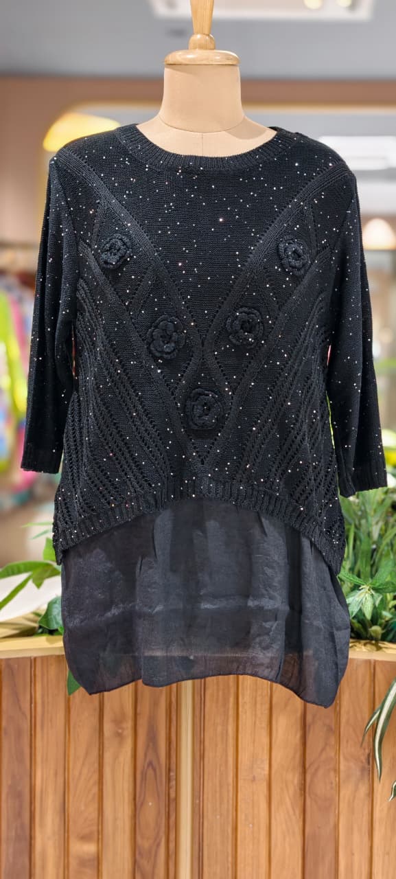 Granny Crochet Popped Floral Double Layer Glittery Western Top- 15451