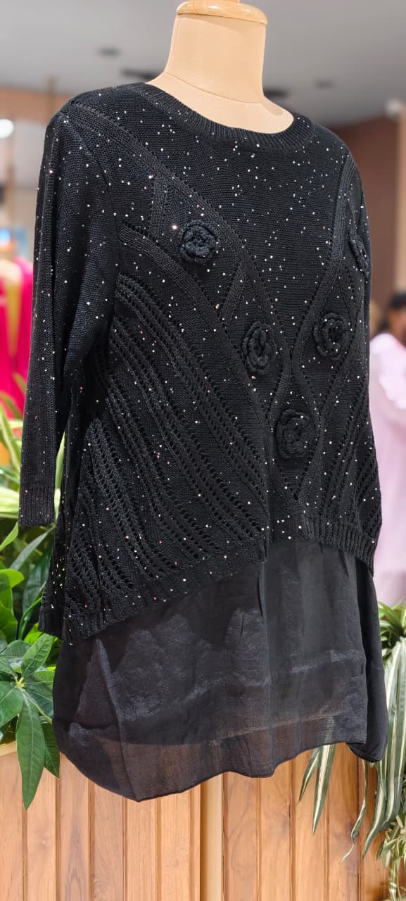 Granny Crochet Popped Floral Double Layer Glittery Western Top- 15451