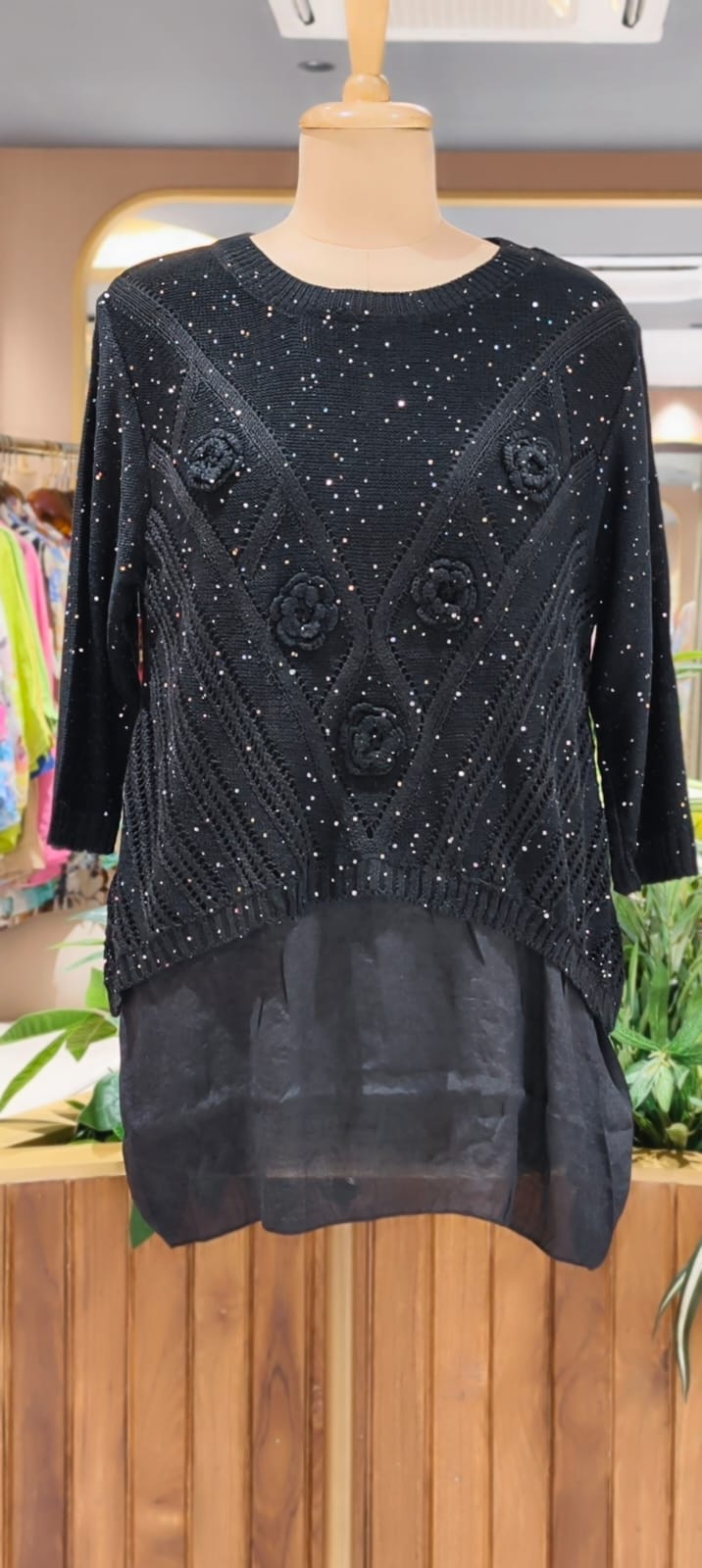 Granny Crochet Popped Floral Double Layer Glittery Western Top- 15451