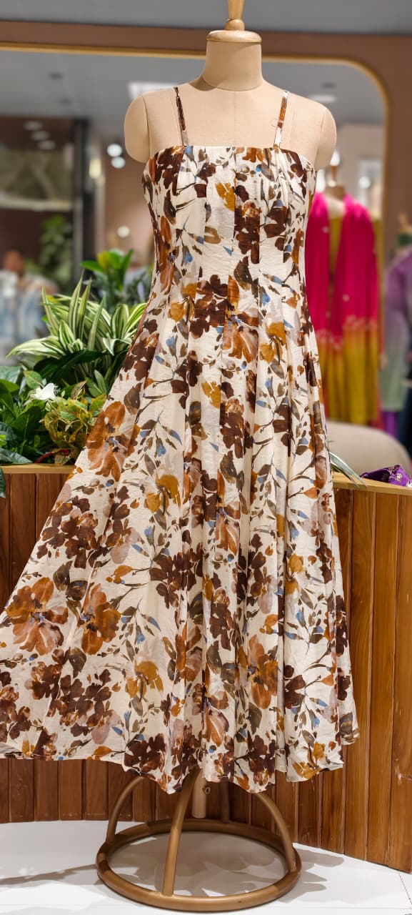 Spring Floral Print Stretchable Long Frock With Seperate Outer- 15455