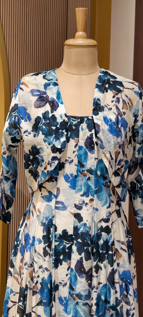 Spring Floral Print Stretchable Long Frock With Seperate Outer- 15455