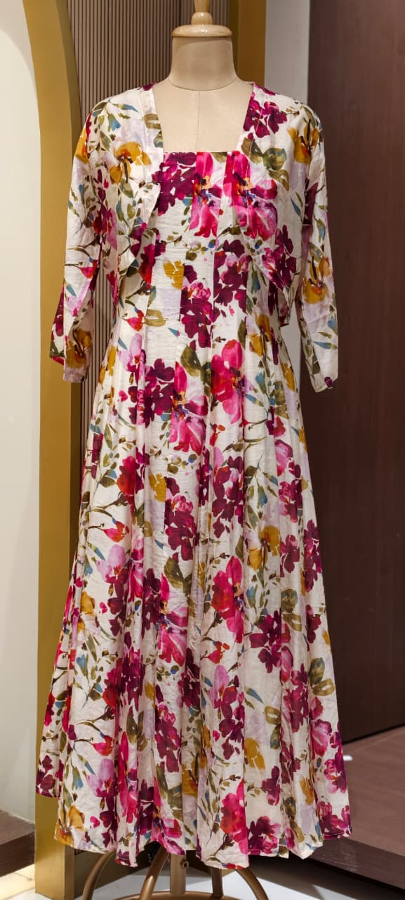Spring Floral Print Stretchable Long Frock With Seperate Outer- 15455