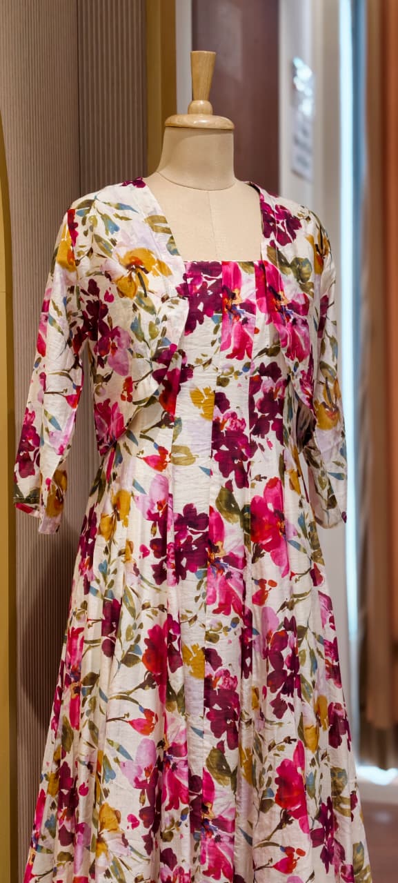 Spring Floral Print Stretchable Long Frock With Seperate Outer- 15455