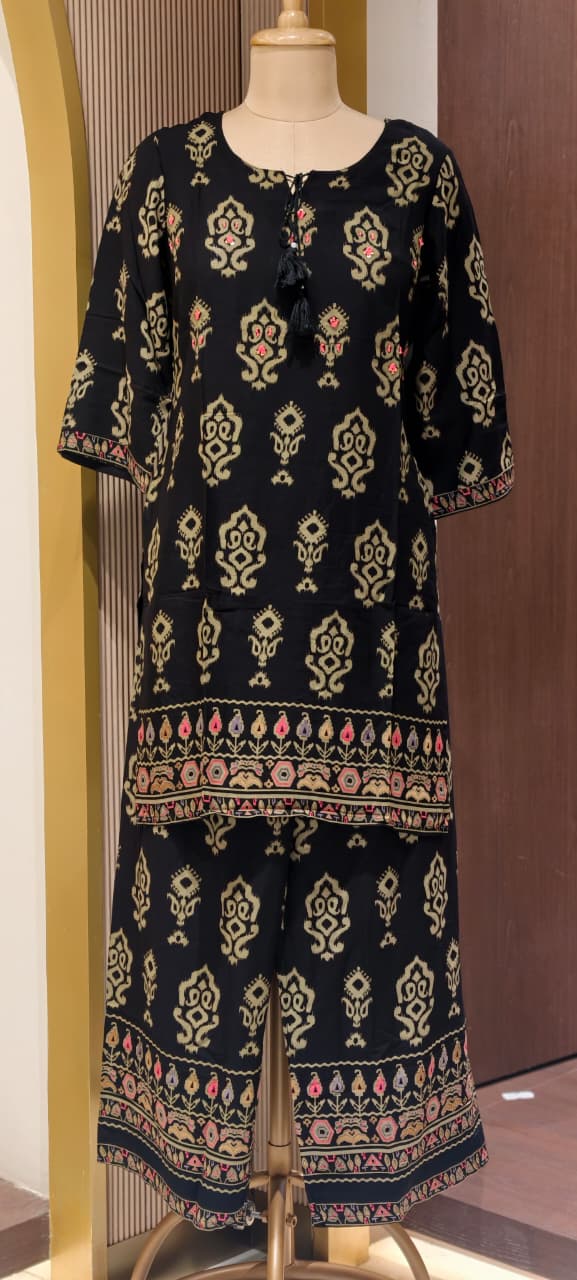 Mango Buti Inspired Block Prints Tassel Accent German Rayon Co-Ord Set- 15468