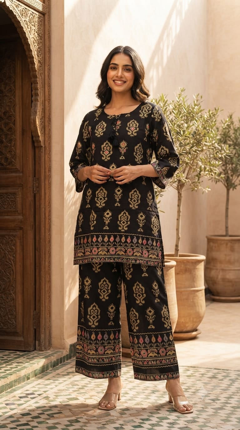 Mango Buti Inspired Block Prints Tassel Accent German Rayon Co-Ord Set- 15468