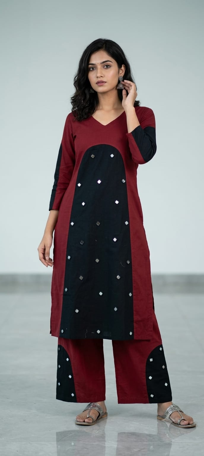Handloom Cotton Real Mirror Detailing Dual Tone Kurta Pant Set- 14418