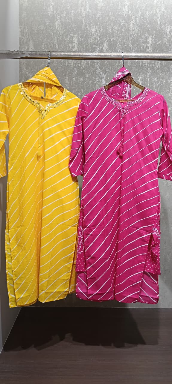 Premium Leheriya Print Cotton Full Suit Set with Matching Dupatta- 15475