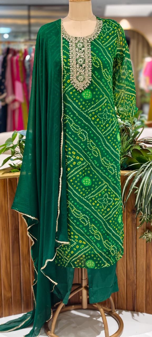 Georgette Bandhani Print Embroidered Full Suit Set with Dupatta And Bottom-15482