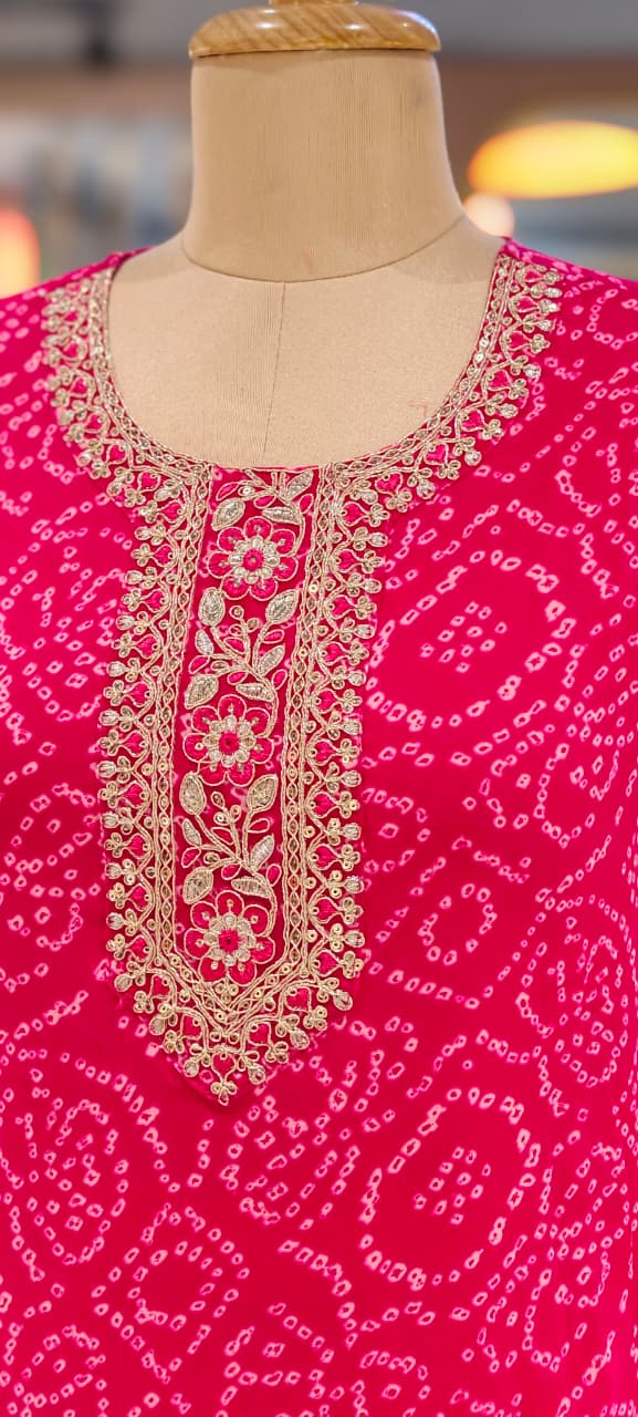 Georgette Bandhani Print Kurta Set with Heavy Embroidered Neck Full Suit Set-15480